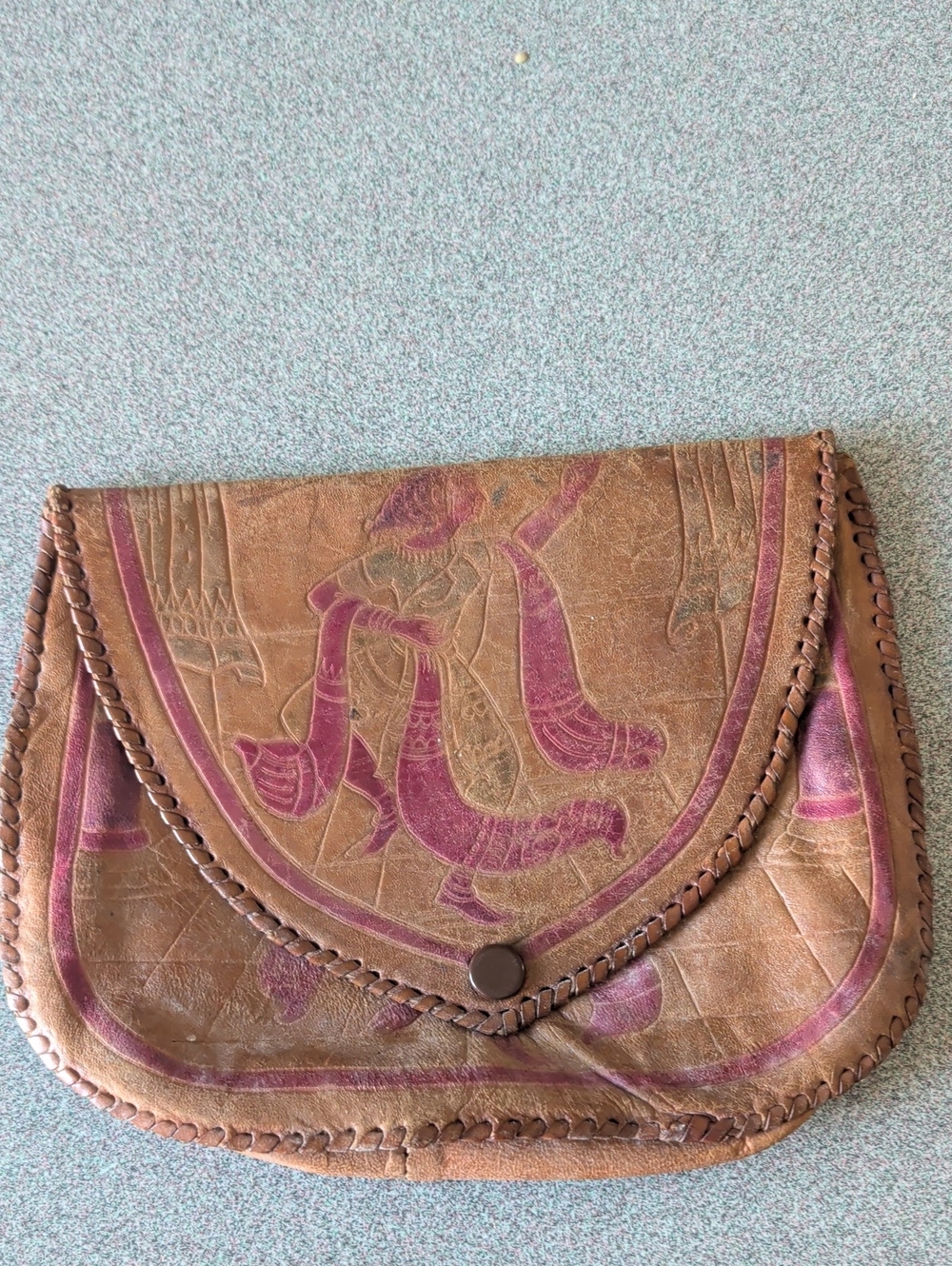 Handcrafted Brown Leather Clutch with Purple Accents